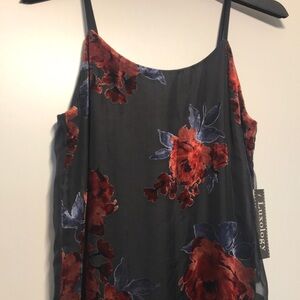 Luxology Sleeveless Black Midi Dress with Red Floral Print